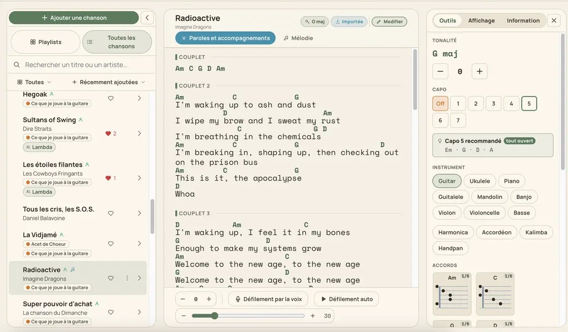 Transpose a song and find your capo