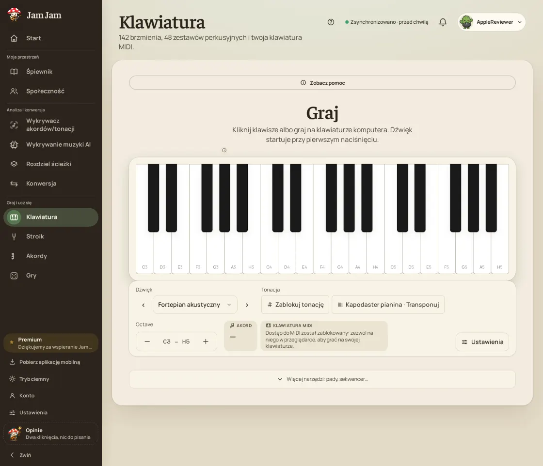 Klawiatura online Jam Jam w przeglądarce, gotowa na klawiaturę MIDI
