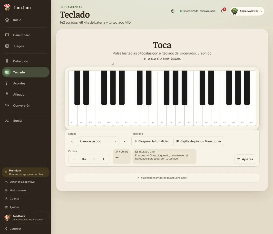 El teclado online de Jam Jam en el navegador, listo para un teclado MIDI