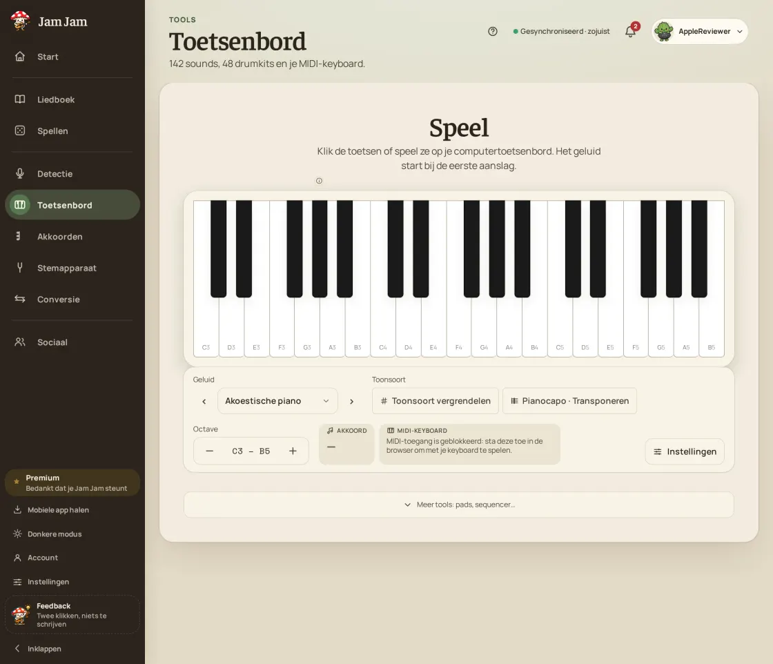Het online keyboard van Jam Jam in de browser, klaar voor een MIDI-keyboard
