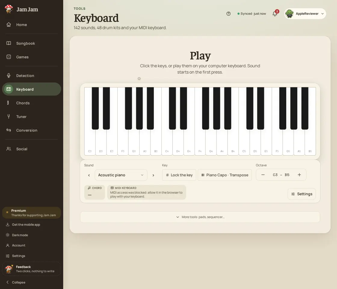 The Jam Jam online keyboard in the browser, ready for a MIDI keyboard
