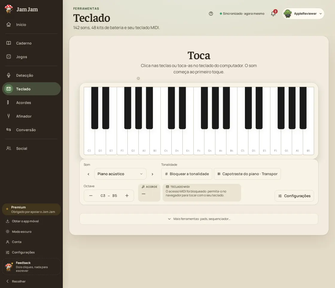 O teclado online do Jam Jam, usado para aprender uma música no piano