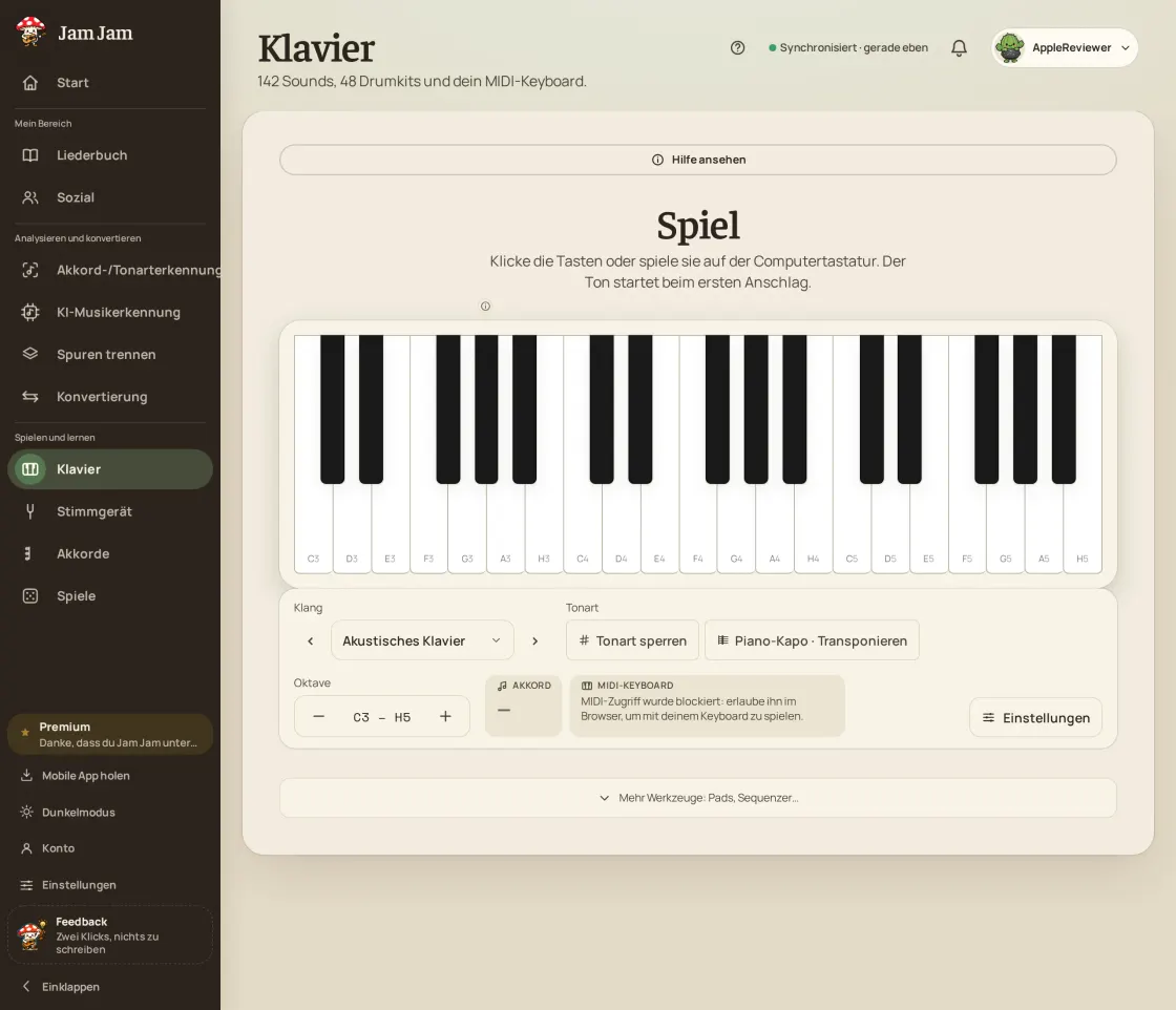 Die Online-Klaviatur von Jam Jam im Browser, bereit für ein MIDI-Keyboard