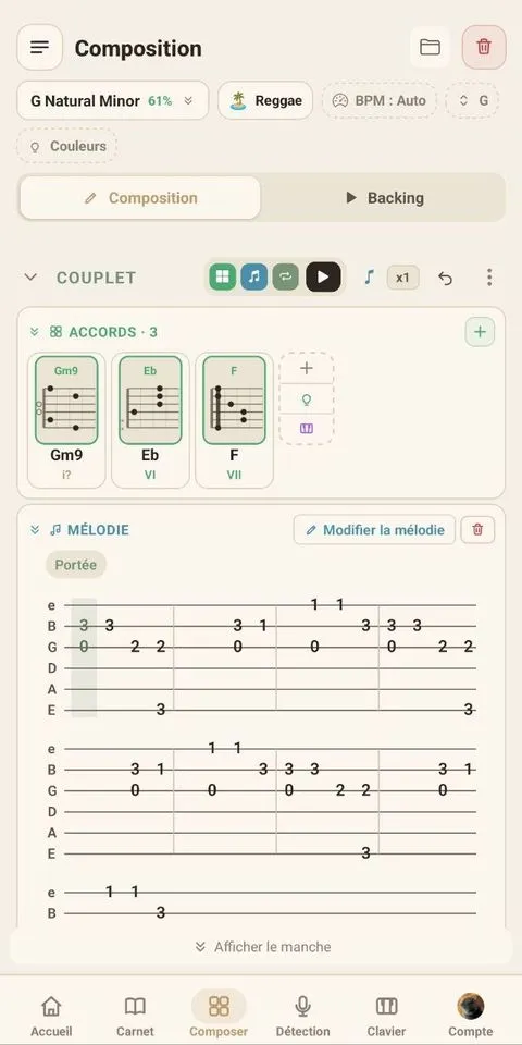 Compose suites d’accords et mélodies — app mobile (bêta)