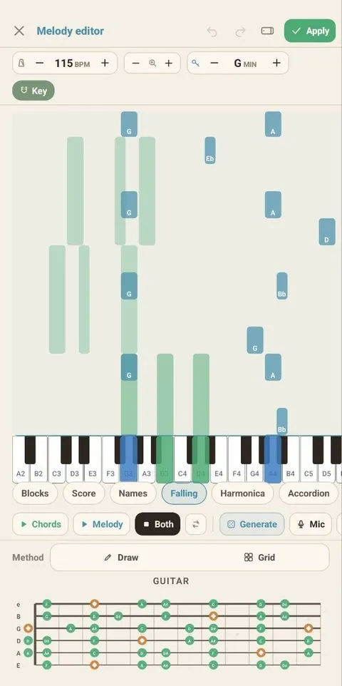 Edit melodies as falling notes